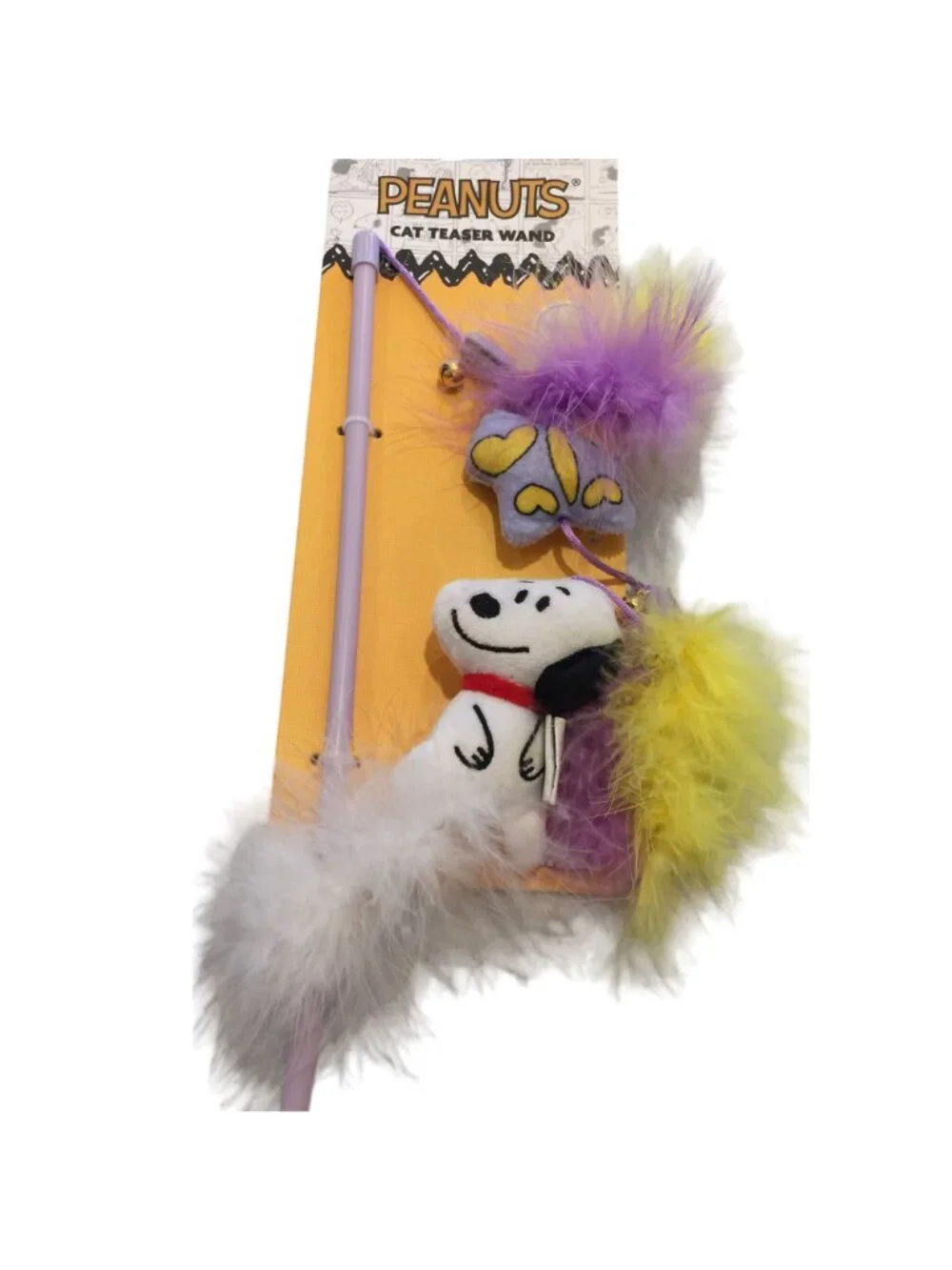 Peanuts Snoopy Cat Teaser Lilac Catnip Wand Feathers Lilac Yellow Bells Butterfl